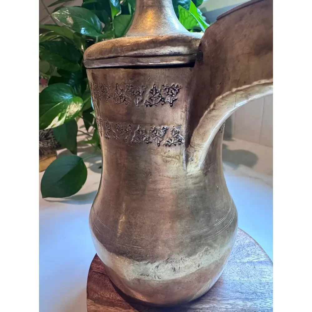 Antique Brass Engraved Dallah Pot • Moroccan Pitcher Copper Accents